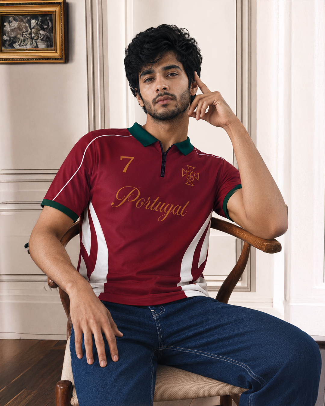 Portugal zipper polo — Vermelho red, verde green collar, gold #7 and Quinas shield
