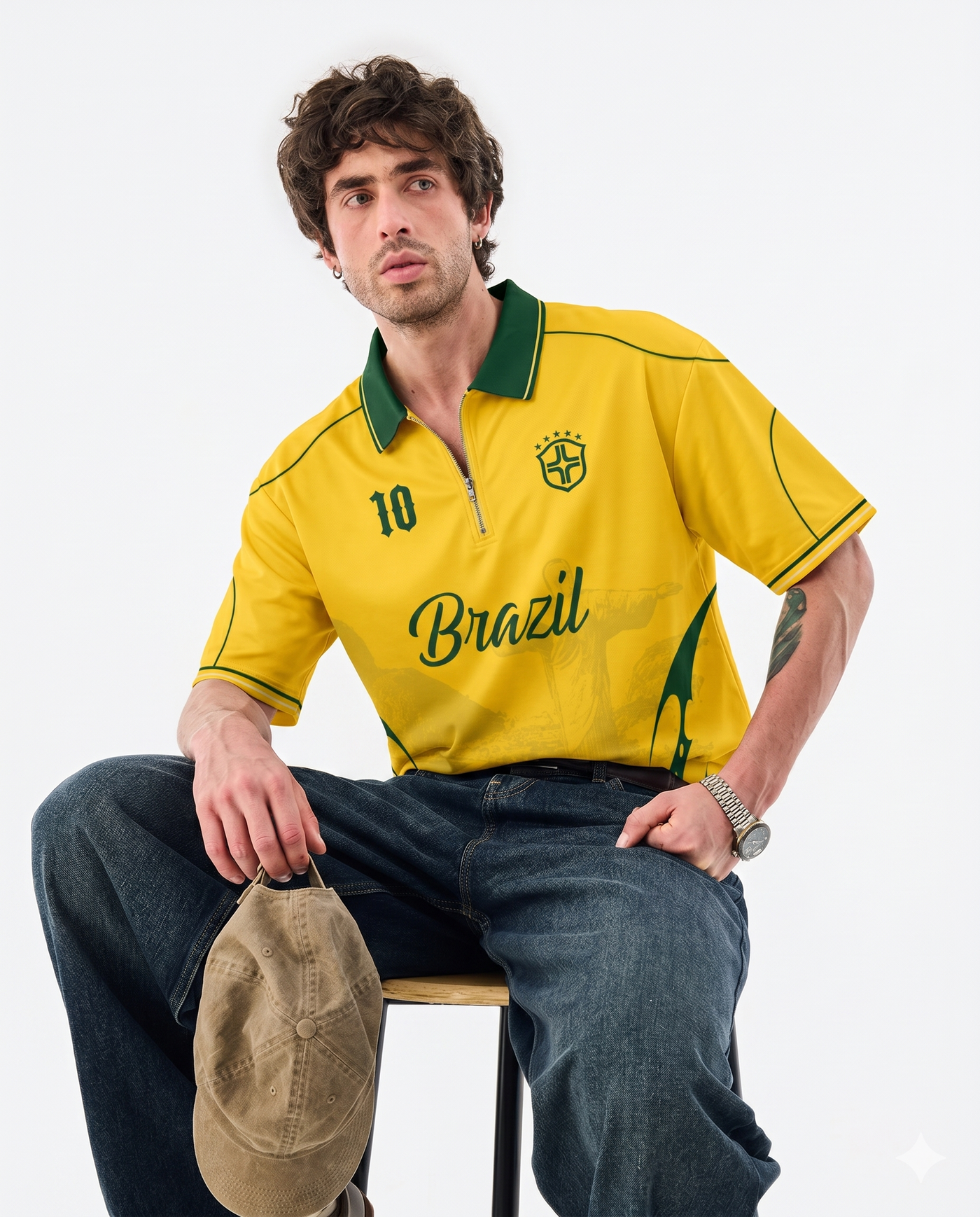 Brazil zipper polo — canary yellow with five stars and #10