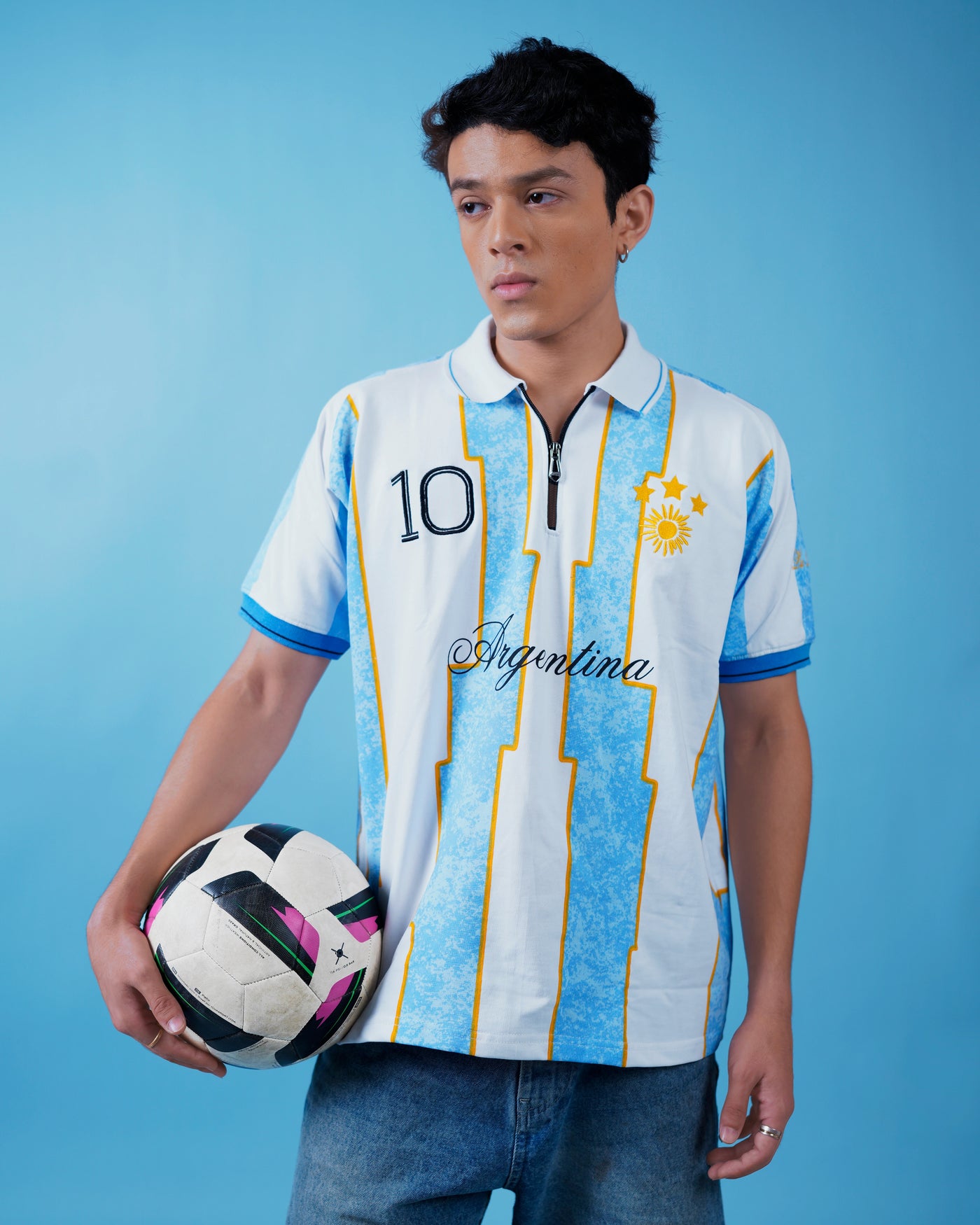Brazil zipper polo — canary yellow with five stars and #10