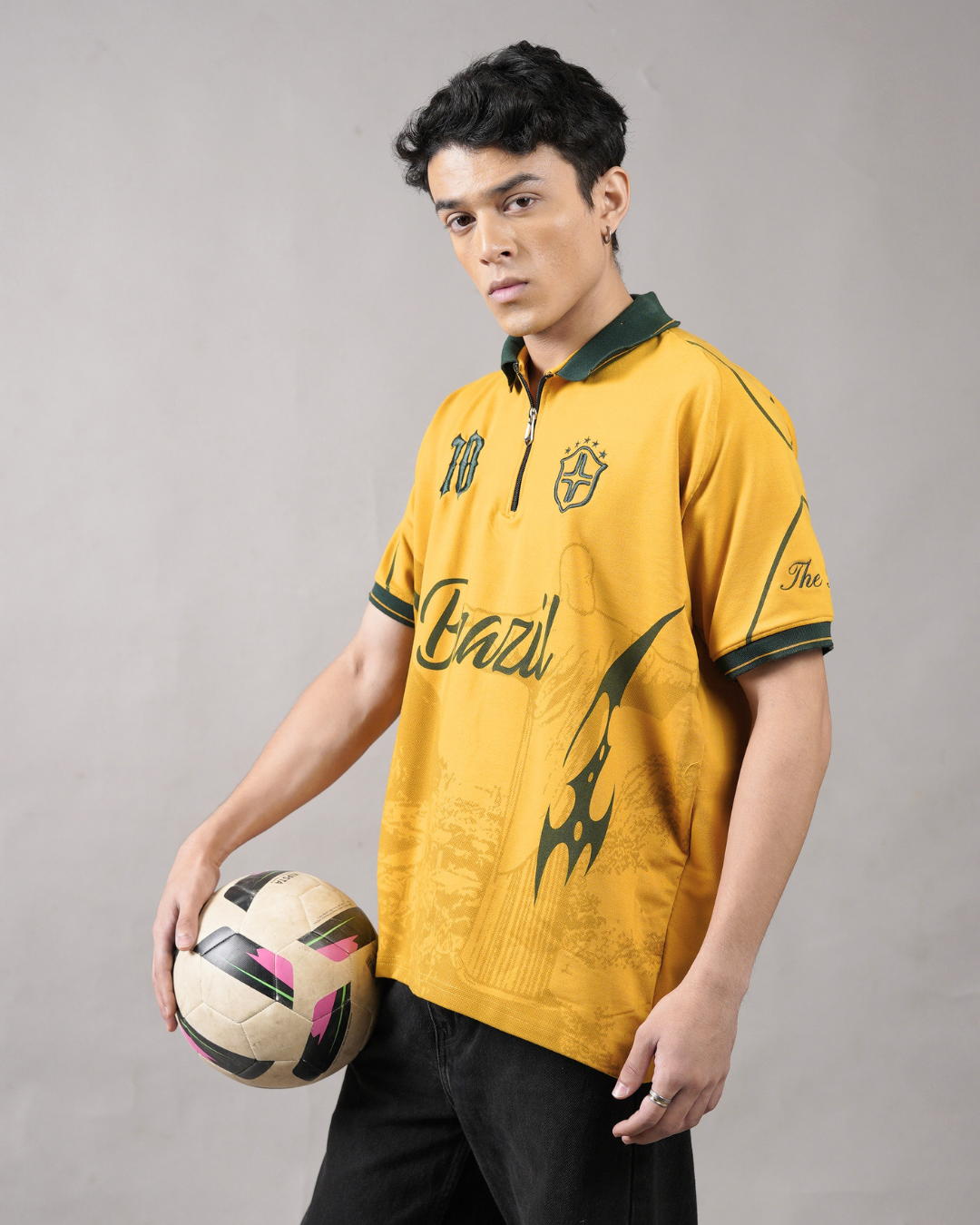 Brazil zipper polo — canary yellow with five stars and #10