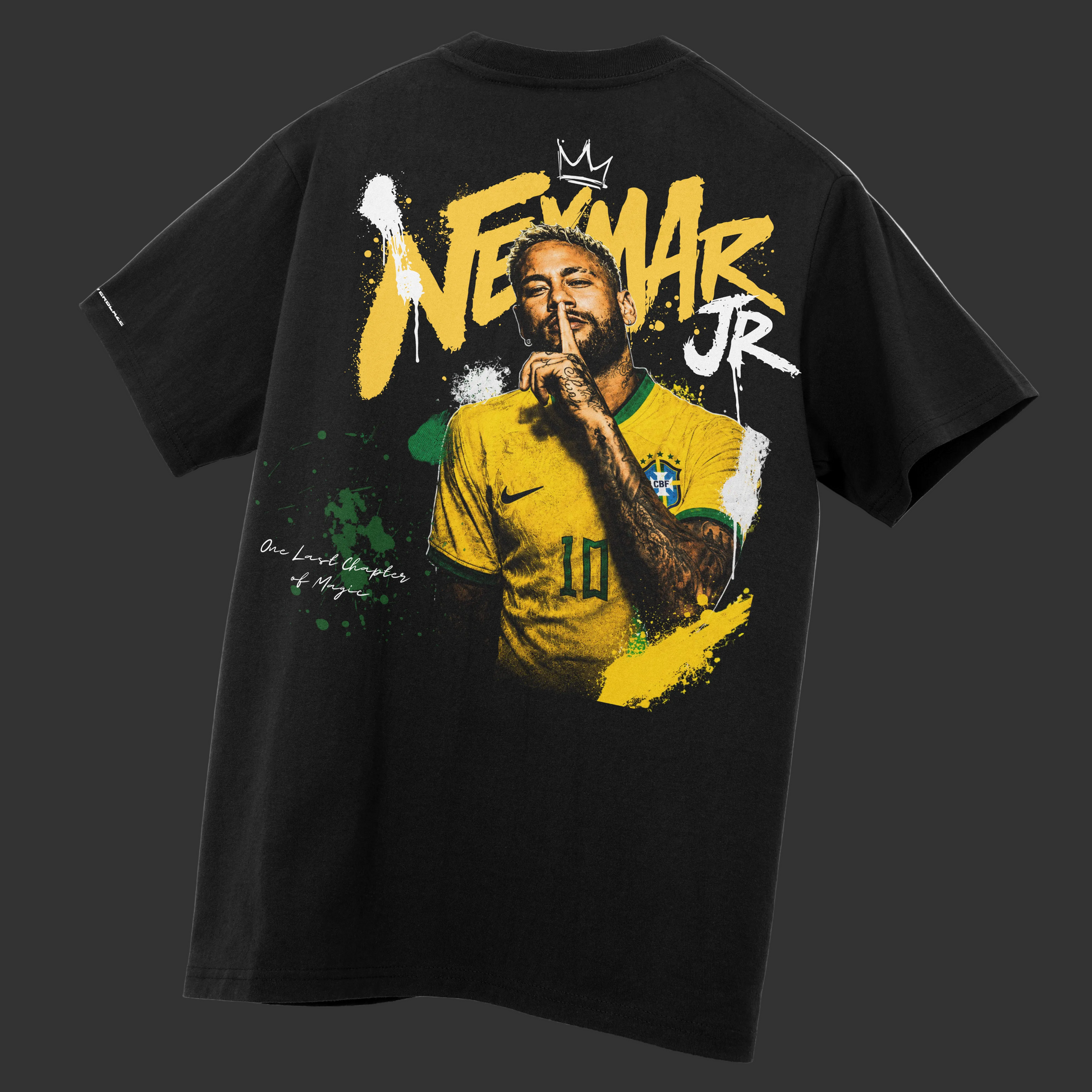 Black t-shirt with Neymar Jr graphic on a gray background